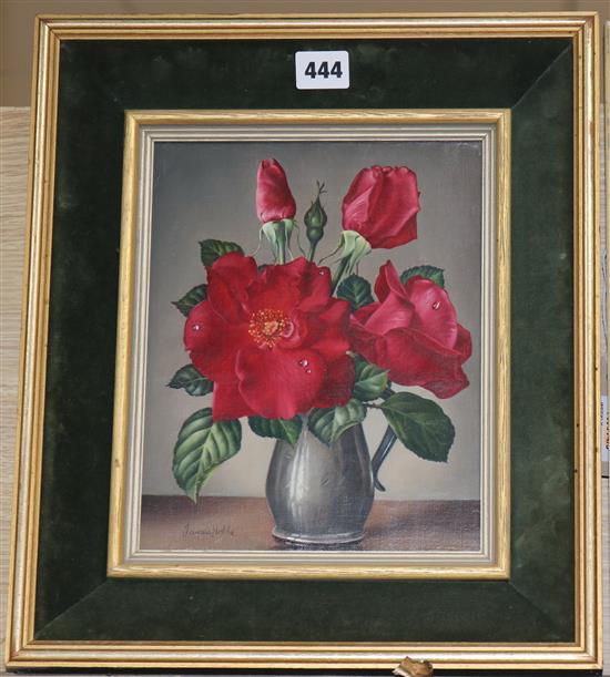 James Noble, oil on canvas, Red Roses, signed, 24 x 19cm